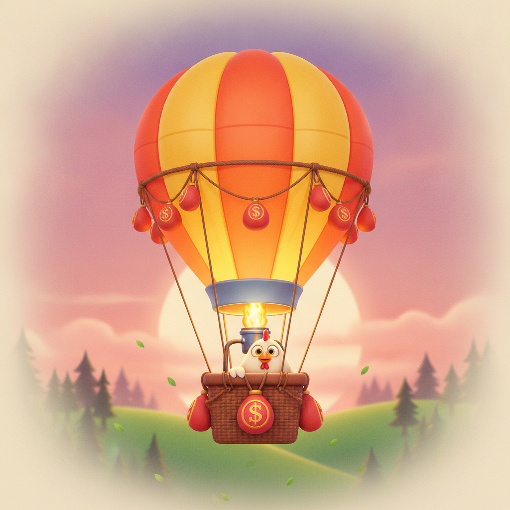 BalloniX mongolfiera dorata pilotata da un pollo cartone animato con sacchi di denaro, gioco crash con moltiplicatori crescenti