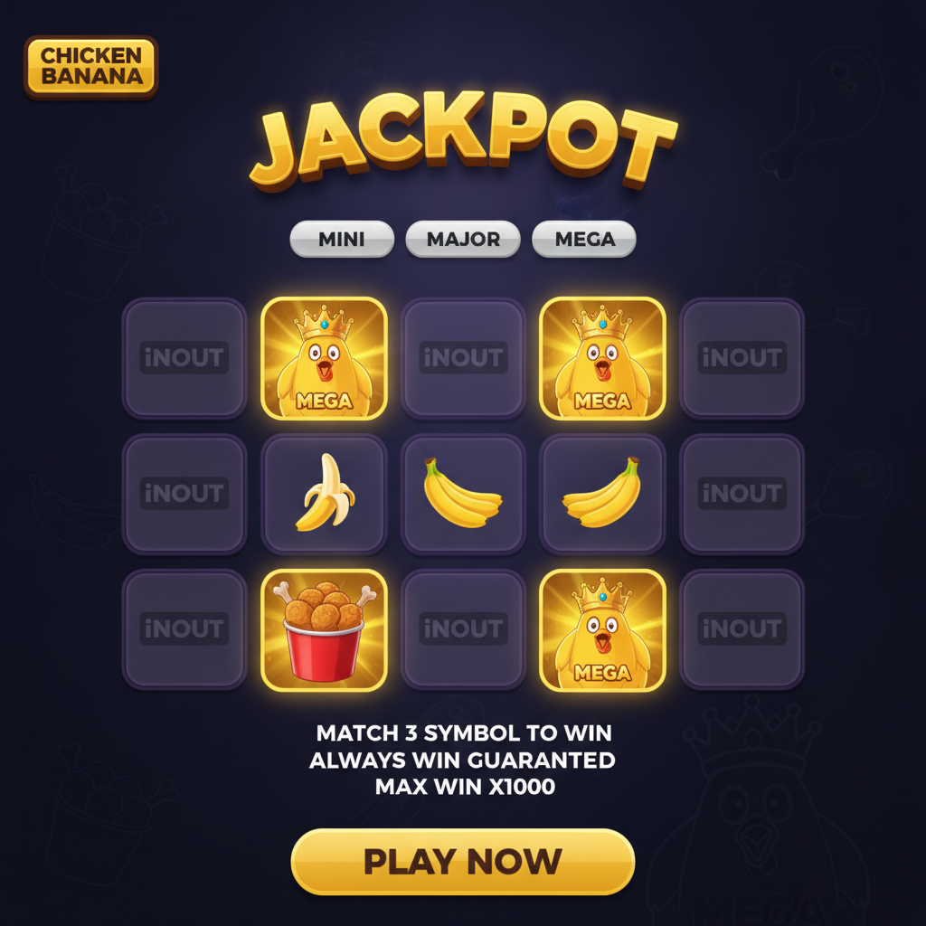 Chicken Banana slot con griglia 5x4, polli cartoon con corone dorate, banane gialle e simboli jackpot MEGA illuminati su sfondo viola scuro
