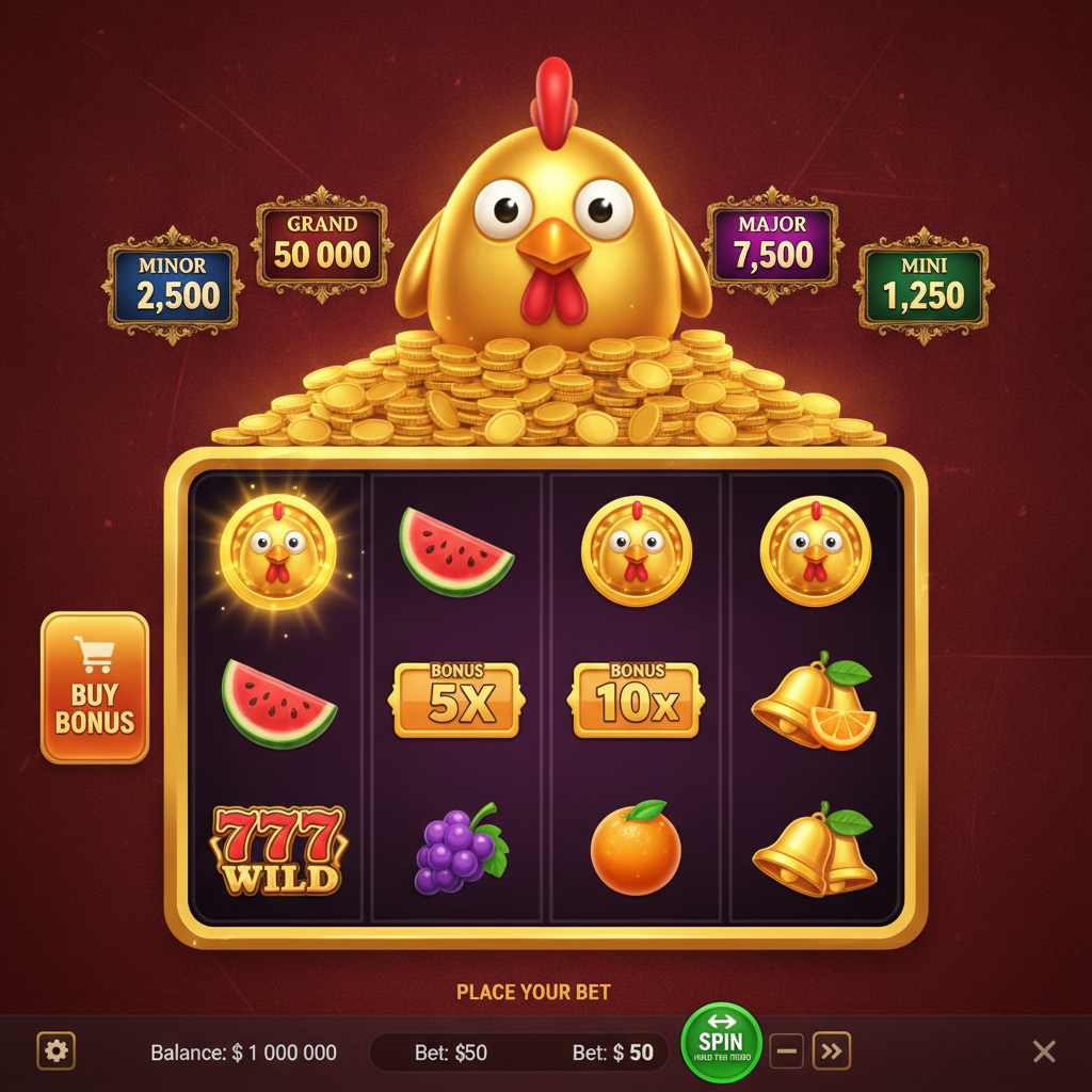 Chicken Coin Hold and Win slot con pollo mascotte dorato seduto su monete d'oro, griglia 3x4 viola con simboli Chicken Coin, jackpot MINI MINOR MAJOR GRAND