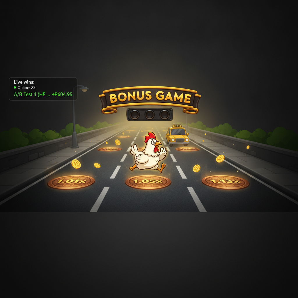 Chicken Road 2 Bonus slot con pollo cartoon che attraversa strada a corsie multiple, moltiplicatori progressivi, monete dorate, modalità bonus con giri gratis automatici