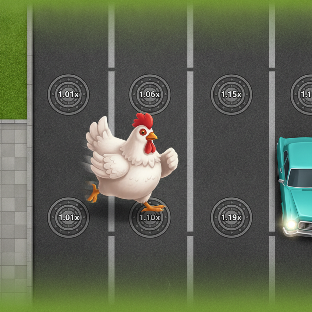Chicken Road 2 - pollo bianco attraversa 6 corsie stradali con moltiplicatori da 1.01x a 1.19x su tombini