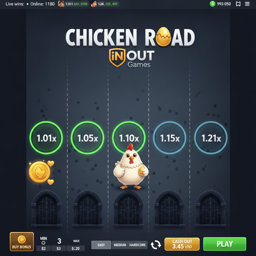 Chicken Road Bonus - pollo bianco attraversa corsie stradali con cerchi moltiplicatori verdi e monete dorate bonus su sfondo blu scuro