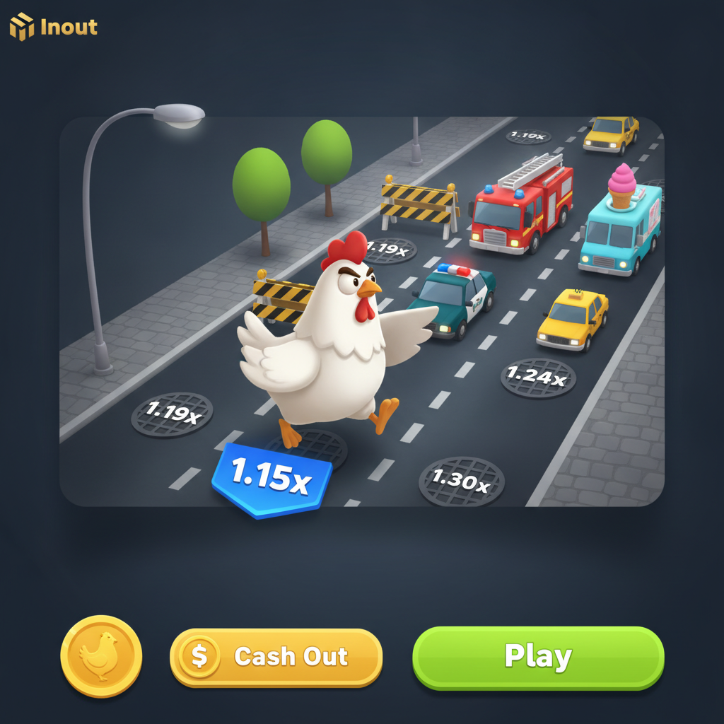 Chicken Road gioco crash con pollo cartoon che attraversa corsie stradali urbane evitando auto colorate, moltiplicatori progressivi su tombini