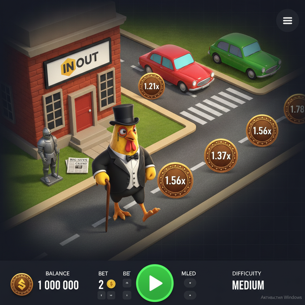 Chicken Road Gold: pollo elegante con cilindro e monocolo che attraversa la strada evitando auto per vincere moltiplicatori d'oro progressivi