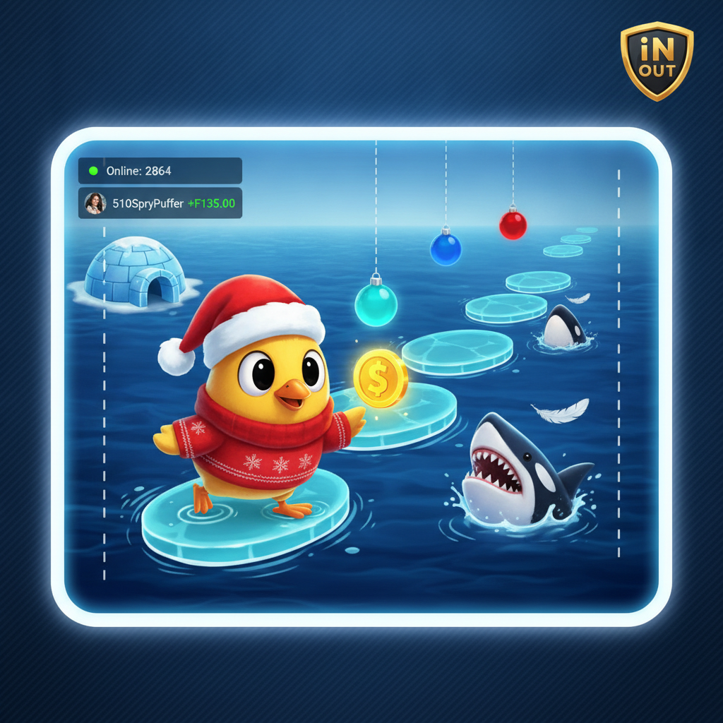 Chicken Road Ice slot con gallina natalizia che attraversa lastre di ghiaccio galleggianti sull'acqua artica mentre sfugge agli squali