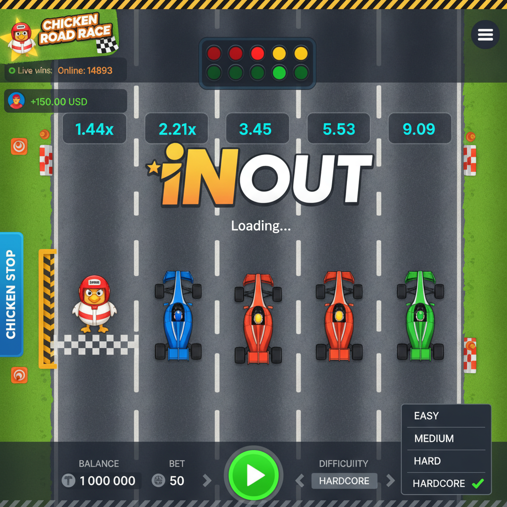 Chicken Road Race slot con pollo mascotte in casco rosso su strada da corsa con corsie multiple, auto Formula 1 colorate e moltiplicatori progressivi luminosi