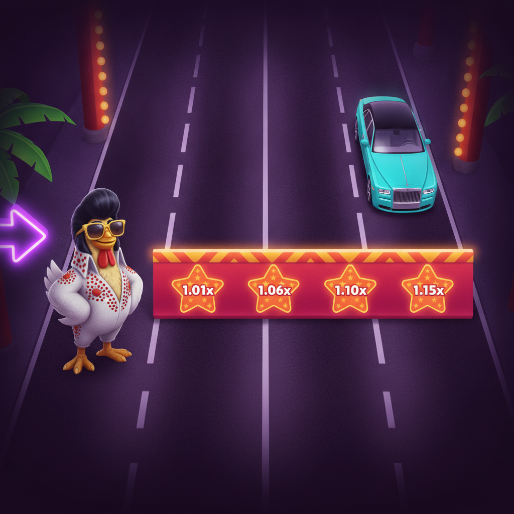 Chicken Road Vegas: pollo Elvis attraversa strada con auto di lusso, tema casinò Vegas tropicale con palme e insegne neon