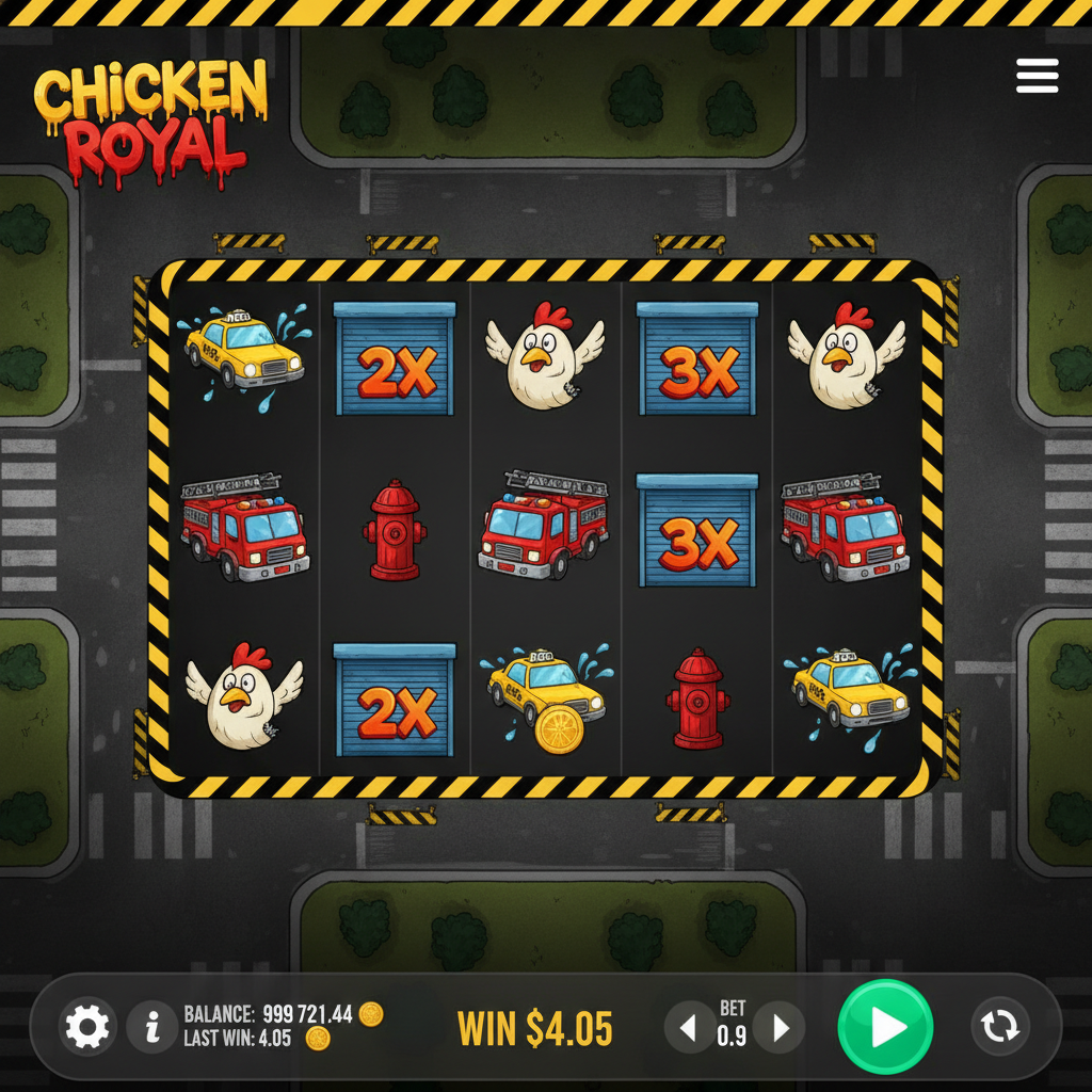 Chicken Royal slot con griglia 5x3, tema street art urbano con pollo cartoon, taxi giallo, camion dei pompieri rosso e simboli Wild porta garage blu con moltiplicatori su strade cittadine con barriere gialle e nere