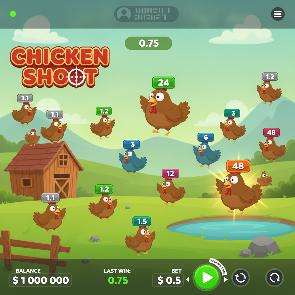 Chicken Shoot slot InOut con polli cartoon che portano moltiplicatori da x1.1 a x48 su sfondo fattoria con cielo azzurro e campi verdi
